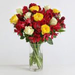 Red and Yellow Roses with Red Alstromeria