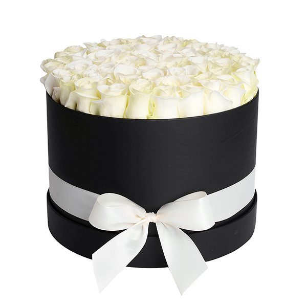 White Roses in Black Round Box Delhi Flower Shop | Send Rose Bouquet online | Order Now at JuneFlowers.com