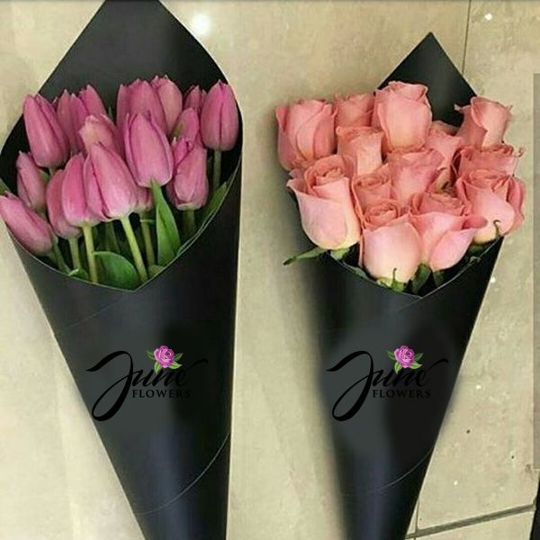 pink-tulips-and-roses-bouquets A pair of pink tulips and roses Bouquet hand-tied in a black tissue floral wrap!