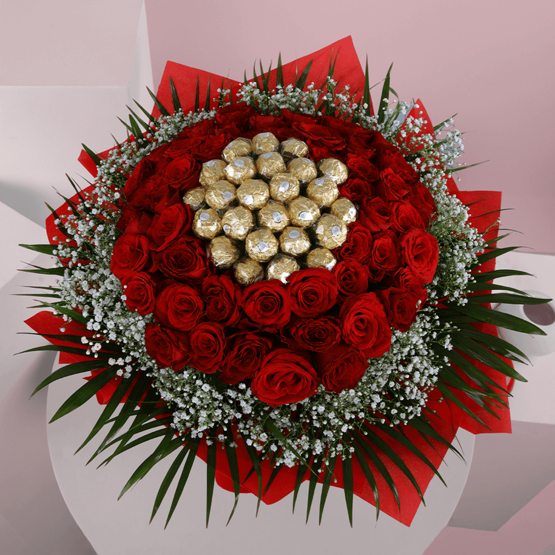 Chocoholic’s Dream Date (4) Ferrero Rocher Flower Bouquet - Where Flowers Meet Chocolate Luxury - June Flowers