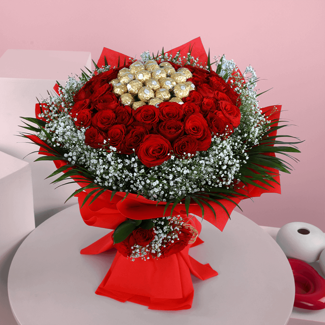 Chocoholic’s Dream Date (5) Ferrero Rocher Flower Bouquet - Where Flowers Meet Chocolate Luxury - June Flowers