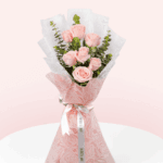 Pink roses and eucalyptus bouquet in Korean floral wrapping sheets