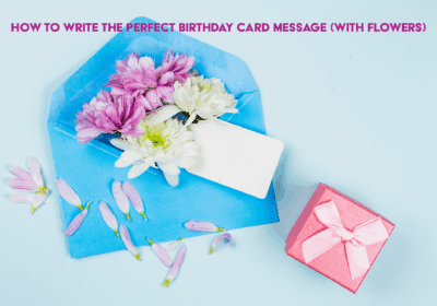 Beautiful flower arrangement beside a birthday card with written message.