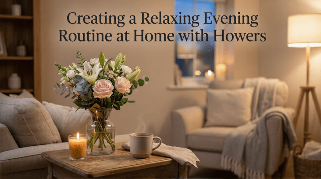 A cozy home setting featuring flowers, creating a serene atmosphere for a relaxing evening routine.
