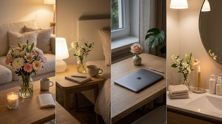 A cozy room featuring a laptop on a desk, a vase of flowers, and natural light streaming through a window.