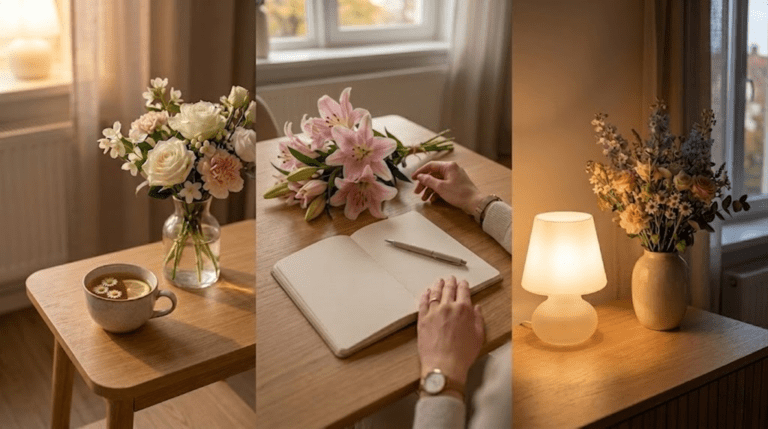A woman writes in a notebook while holding a vase filled with colorful flowers.