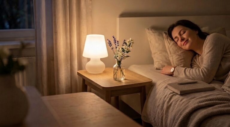 A woman is resting in bed, with a bedside lamp casting a soft light around her.