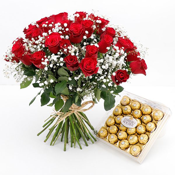 Bouquet of 25 Red Roses with Ferrero Rocher Bouquet of 25 Red Roses with Ferrero Rocher JuneFlowers.com